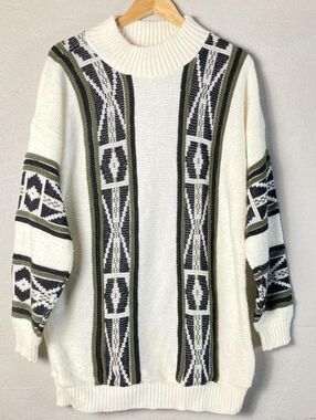 Women's Clifton Place Cream Knit Sweater with Olive & Black Pattern